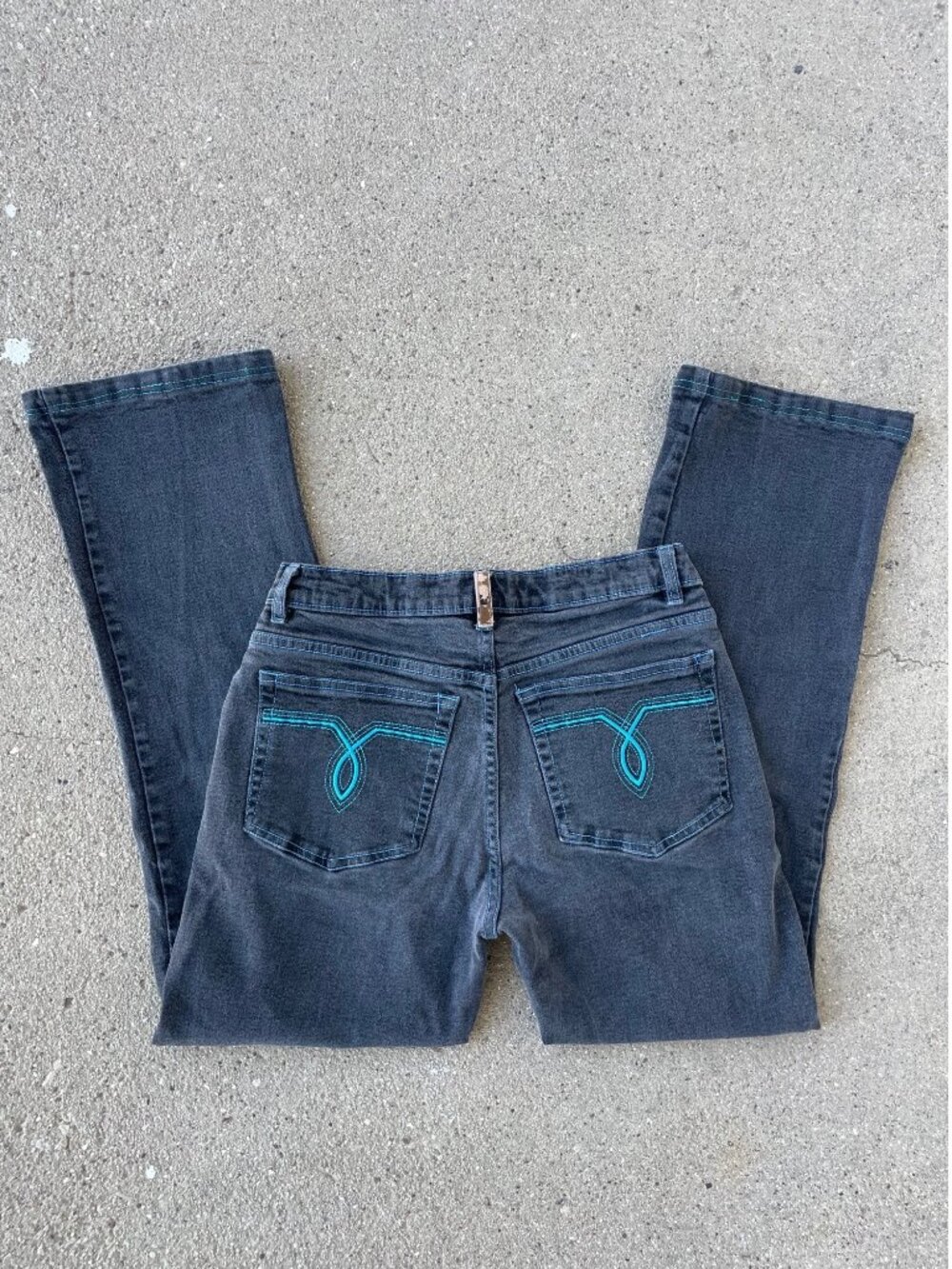 Vintage 90s Jeans Black Gray Bootcut  Blue Embroidery Southwestern 11 12 Stretch